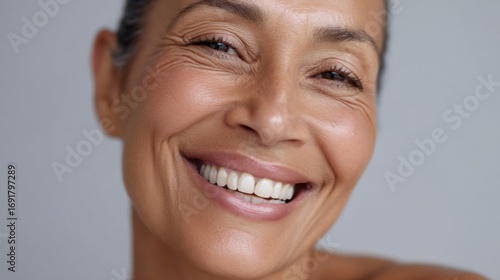 Close-up portrait of a senior woman with a joyful expression, showcasing her diverse facial features and natural skin tone, in a modern studio. 