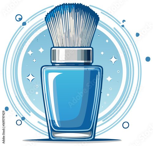 Shaving brush and foam in a bottle with a blue circular design and shiny stars