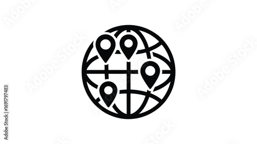Black and white graphic of a globe with location pins marking various points on the world map design