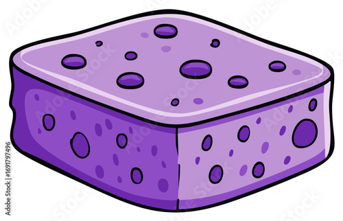 Aromatic purple porous slice of sweet delicious sponge cake with holes against a white background