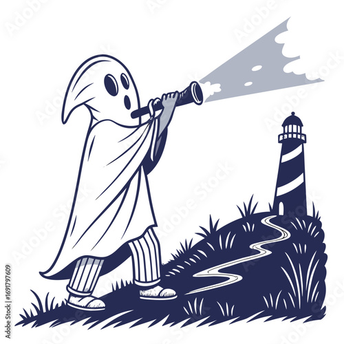 Cartoon ghost with spyglass looking at lighthouse on white background ocean
