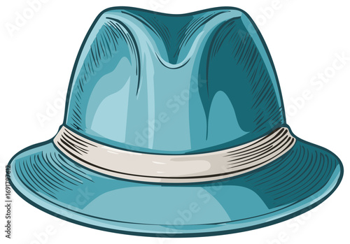 Vintage blue fedora hat illustration with a classic ribbon band