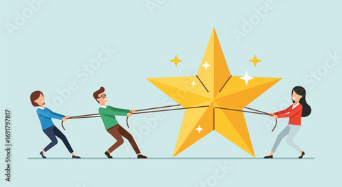 Teamwork Pulling a Large Golden Star Together