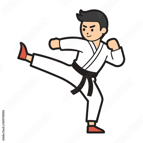 Cartoon style karate boy in a white gi and black belt kicking with red shoes martial arts fighter