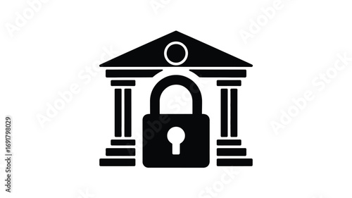 A black and white graphic depicting a bank building with a padlock in front of the entrance way