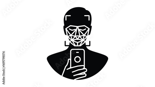 A black and white graphic of a person holding a phone with face recognition technology displayed on it