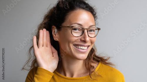 Deaf woman using sign language, smiling warmly with hearing aid visible 