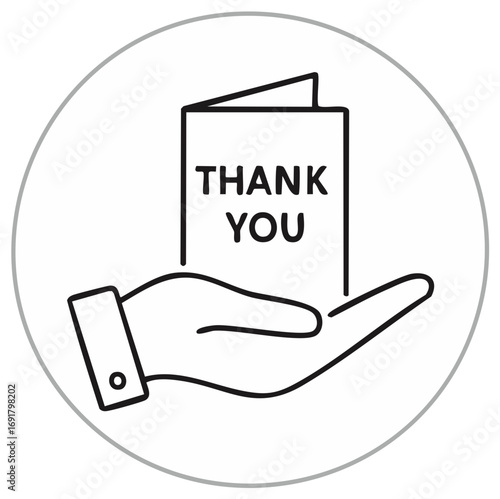 Thank You card in an open hand line art icon showing gratitude and appreciation
