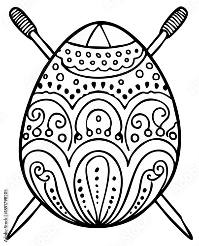Easter egg with decorative patterns and knitting needles in black and white, vector illustration