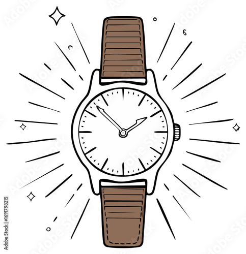 Stylized Wristwatch Hand-Drawn Illustration with Radiating Line Decoration