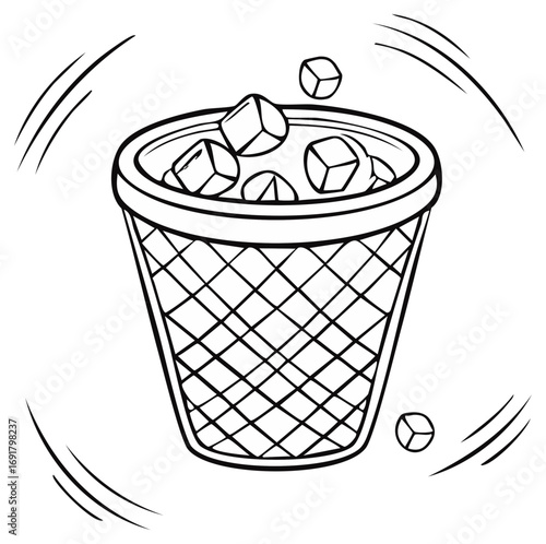 Hand drawn illustration of ice cubes falling into a wire trash can with motion lines