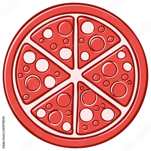 Stylized illustration of a sliced red citrus fruit with seeds or segments
