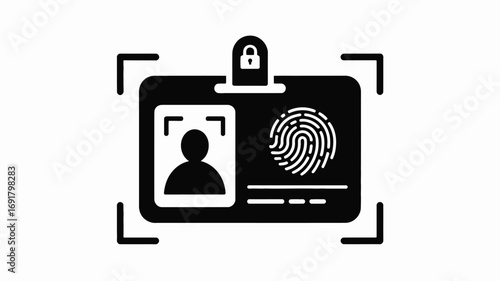 A black and white illustration of an id card with a lock, fingerprint, and person icon displayed