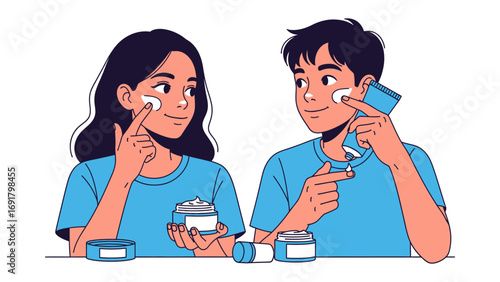 Young man and woman applying skincare products to their faces with cotton pads and jars for a healthy glowing complexion
