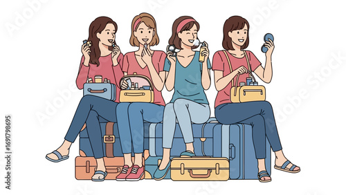 Four diverse young women friends sitting together on vintage suitcases ready for a travel adventure or vacation trip together