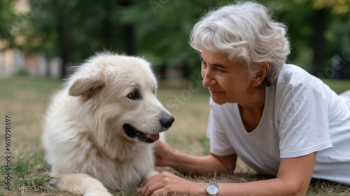 Elderly Caucasian woman playing with her dog in the park. 
