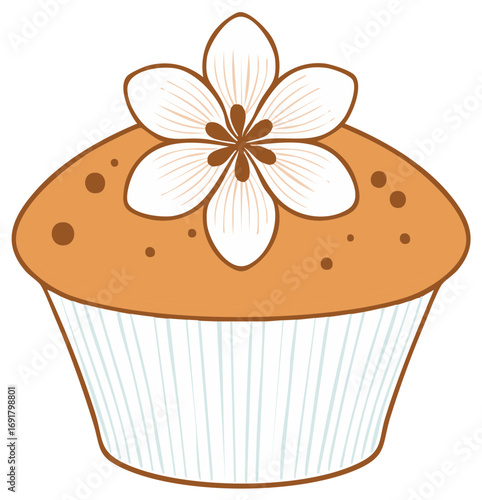 A single muffin topped with a delicate white flower and brown speckles