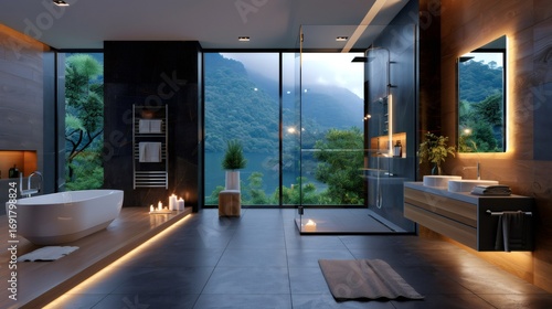 Modern bathroom boasting lake view and lit candles creating relaxing atmosphere