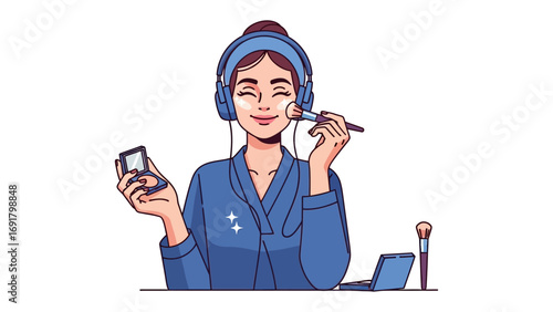 Young woman applying makeup with a brush and compact powder wearing a blue robe and headband preparing for the day