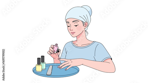 Young woman with towel on head applying nail polish to her fingernails while holding a pink rose flower delicately