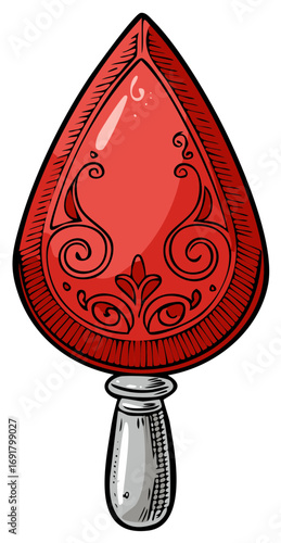 Ornate Red Ornamental Gemstone With Decorative Scrollwork and Silver Handle
