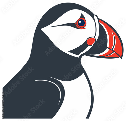 Stylized Atlantic Puffin Illustration with Red and White Beak Detail on White Background