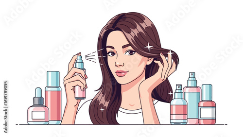 Young woman with long brown hair applying hairspray from a pink bottle surrounded by various beauty and skincare products on a white background