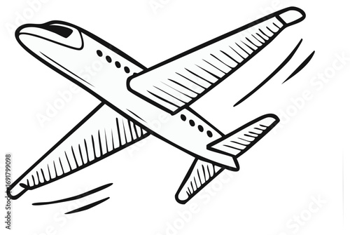 Hand drawn sketch of a commercial airplane flying with motion lines indicating movement.
