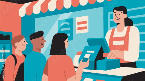 illustration of a cashier smiling while serving a customer vector design template