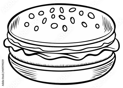 Classic black and white hamburger illustration with a drawing style