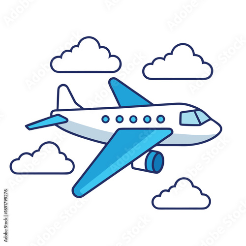 Colorful Illustration of an Airplane Flying Among Clouds aircraft flight
