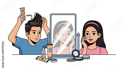 Young man styling his messy hair with a comb and hair product while a young woman applies makeup in front of a mirror