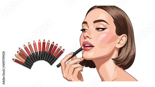 Close up of a beautiful woman applying red lipstick with a fan of various lipstick shades in the background illustration