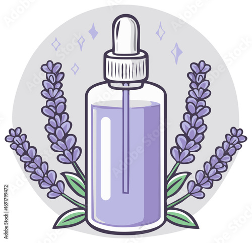 Natural lavender oil dropper bottle with floral sprigs vector illustration for skincare and aromatherapy