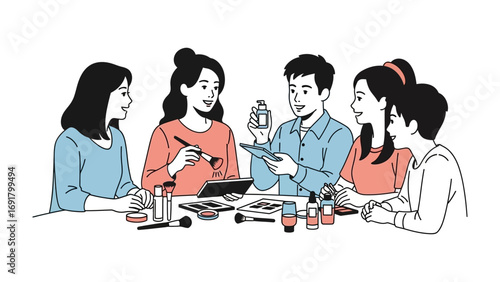 Diverse group of young adults gathered around a table enthusiastically discussing and demonstrating makeup products sharing beauty tips and techniques
