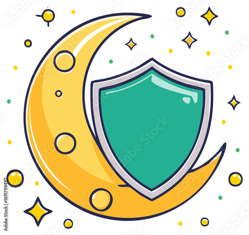Crescent moon with shield illustration for protection concept.