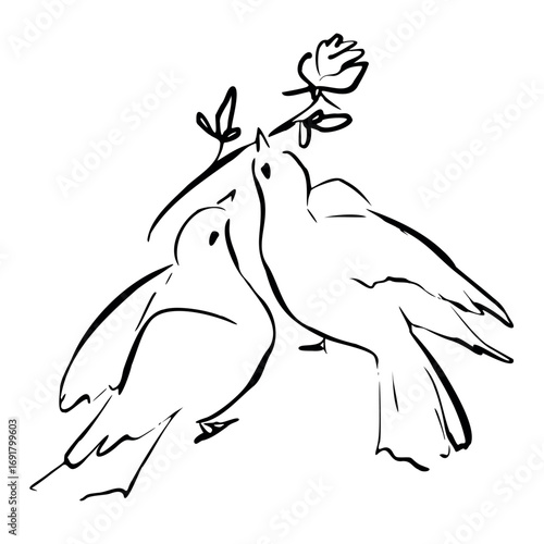 Two doves holding rose together. Vector illustration in quickly sketch line art style. Symbol of eternal love and book romance, ideal for wedding stationery, Valentine decor, vintage prints, posters