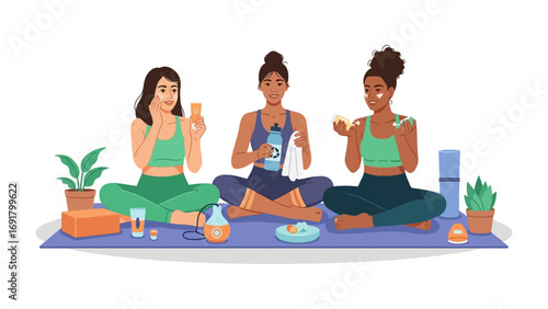 Three diverse young women practicing self care and beauty rituals while meditating and applying skincare products on a yoga mat