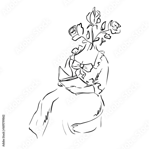 Girl reading book with blooming roses instead of head. Vector quickly sketch line art. Symbol of imagination and romantic mind for book romance themes, aesthetic designs, posters, decor, prints.