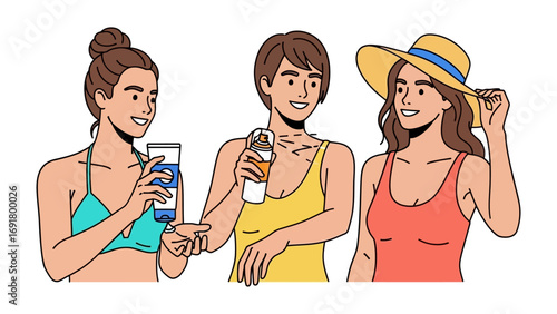 Three happy young women in swimwear enjoying a sunny day at the beach holding sunscreen bottles and smiling together