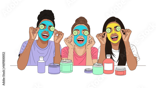 Three diverse young women enjoying a fun at home spa day applying colorful face masks and cucumber slices to their eyes