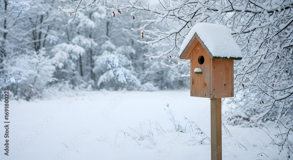 Naklejka premium Snowy birdhouse in winter forest