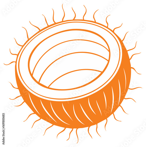 Stylized orange illustration of a halved tropical coconut with sunburst details