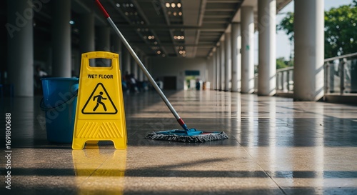 Wet floor sign and mop
