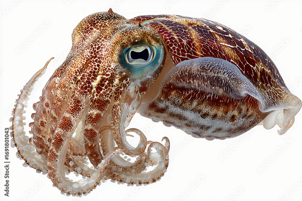 Fototapeta premium calamaro: giant squid, tintenfisch, vibrant cuttlefish on white background, camouflage, cuttle fish