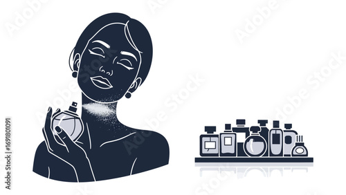 Elegant silhouette of a woman applying perfume with a collection of assorted fragrance bottles on a shelf displayed beside her