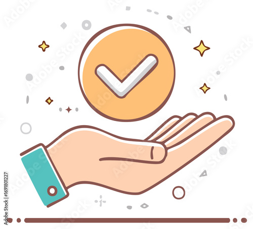 Illustration of a Hand Holding a Checkmark in a Circle, Representing Approval and Acceptance