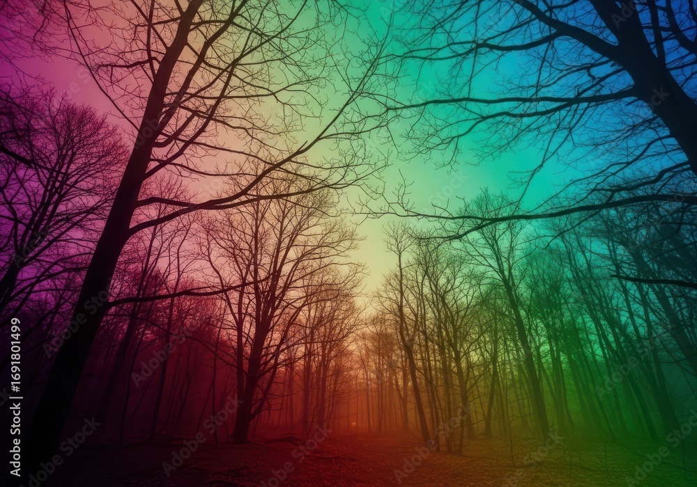 Fototapeta premium Enchanting rainbow forest path with bare trees and moody hues