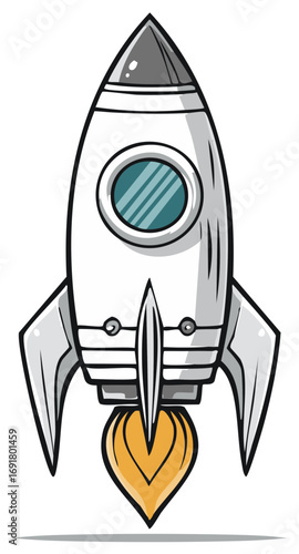 Cartoon rocket ship launching with fiery exhaust and large circular window