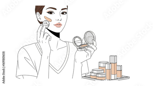 Young person applying makeup with foundation and blush while looking in a compact mirror surrounded by beauty products